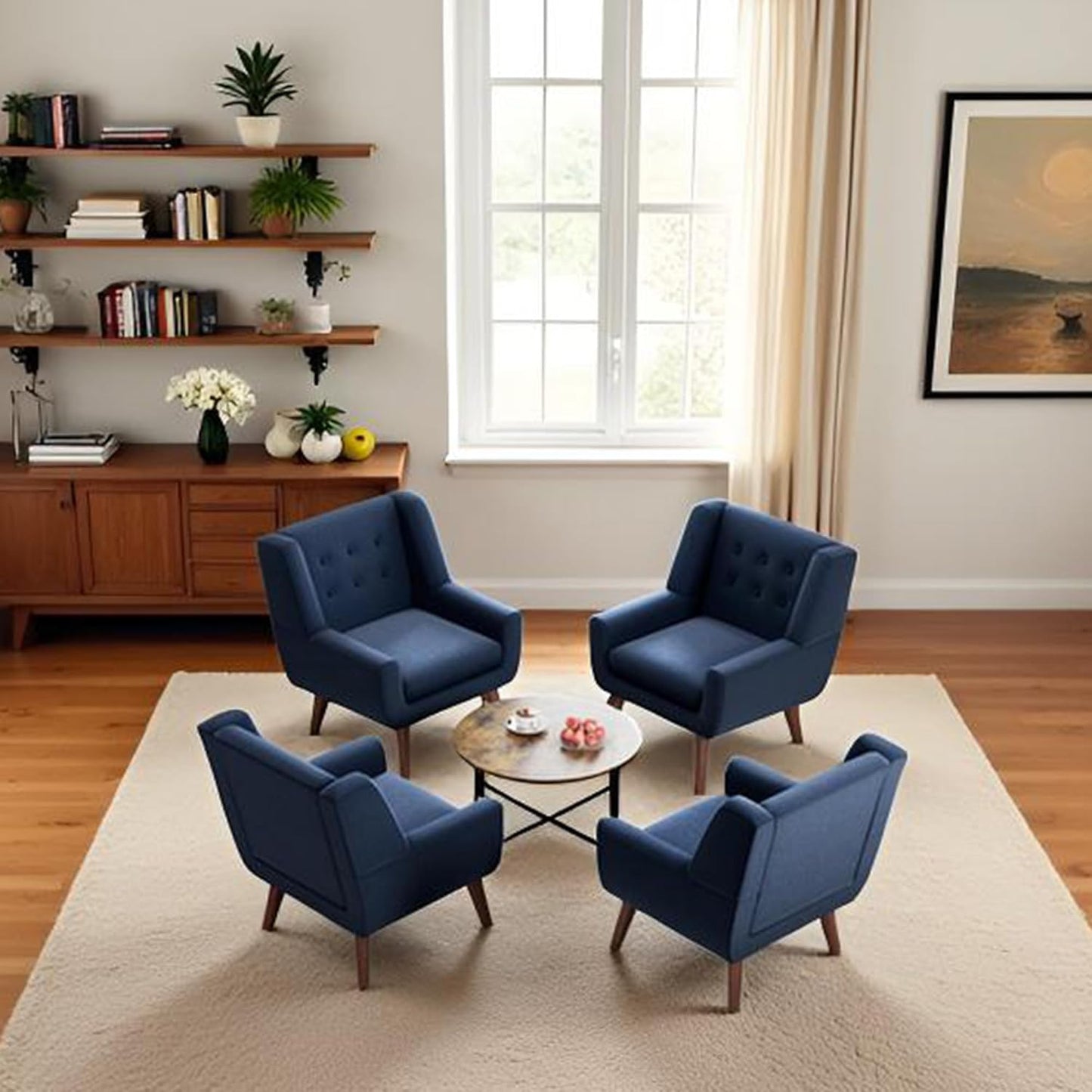 HUIMO Button-Tufted Accent Chairs Set of 2,Upholstered Reading Living Room Chair,Mid Century Modern Chair with Linen Fabric, Club Chair,Comfy Arm Chairs for Living Room,Bedroom,Dark Blue