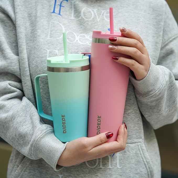 BJPKPK Insulated Tumbler with Handle, 30oz Insulated Tumblers with Lid and Straw, Stainless Steel Metal Water Bottles, Coffee Travel Mugs, Cups, Light Pink