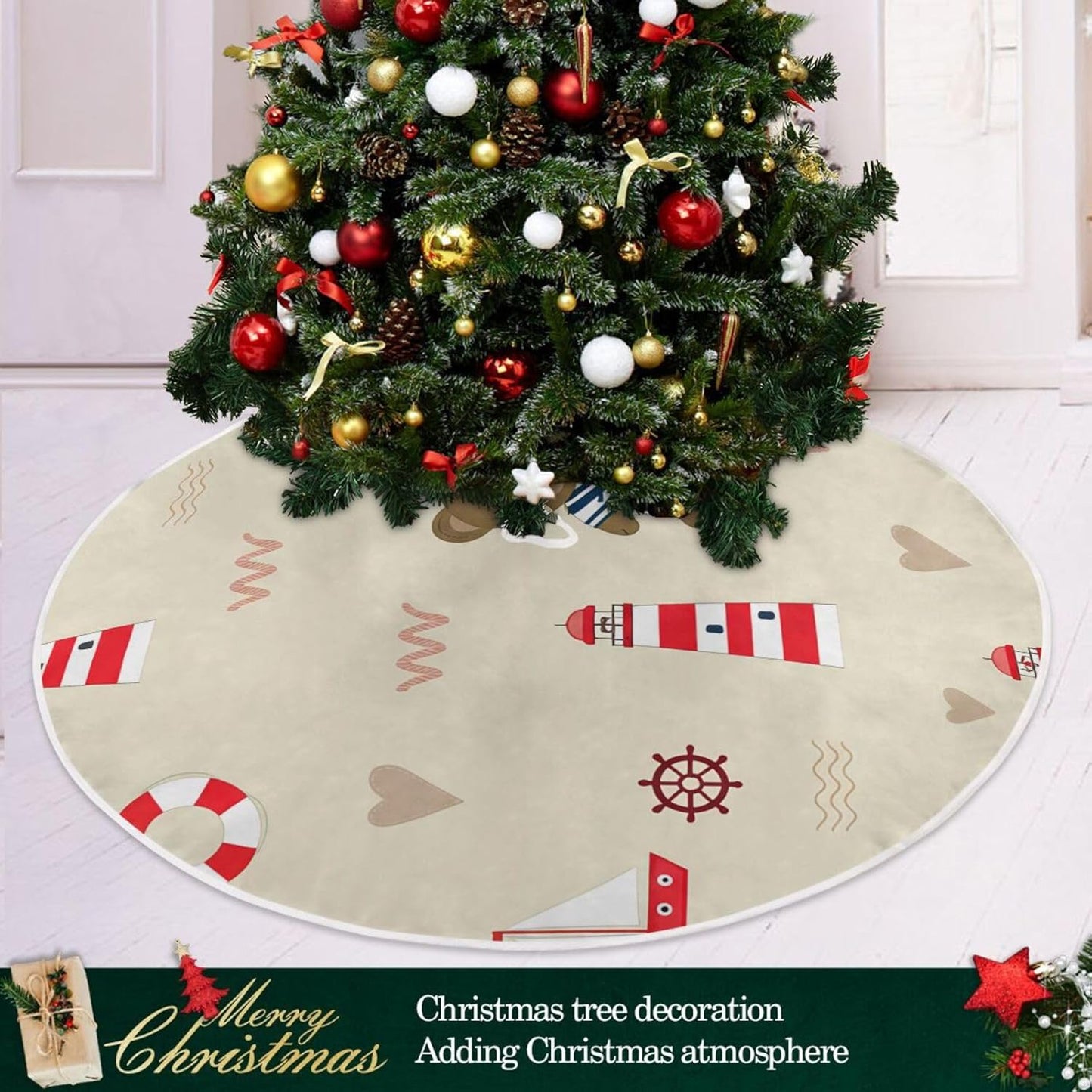 Cute Beer Christmas Tree Skirt 47.2 Inches Large Xmas Tree Mat Holiday Ornaments Tree Base Cover for Winter Home Party Decorations