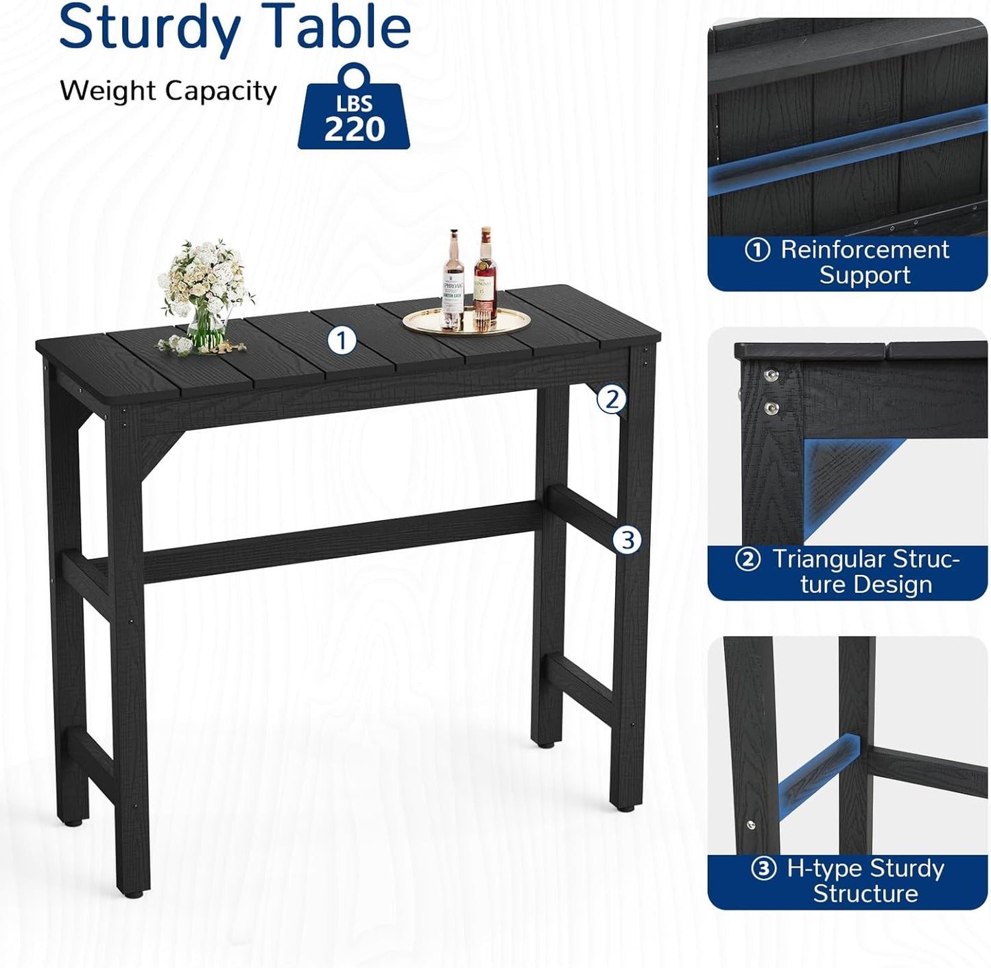 Outdoor Bar Table, 42" Weatherproof Patio Bar Height Counter Table, HIPS Material, Waterproof, for Outside, Garden, Backyard, Balcony, Poolside, Black