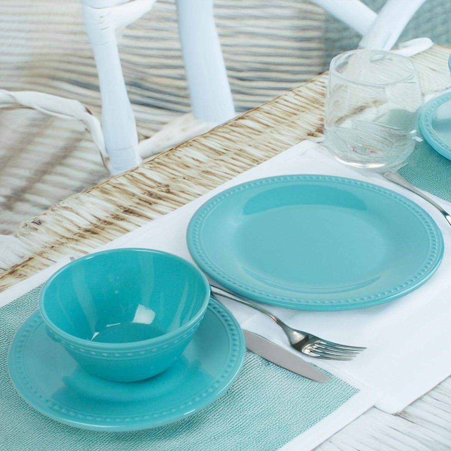 Aqua Beaded Melamine Plastic Dinnerware Sets,12 Pieces Dishes Set, Lightweight Unbreakable, BPA Free, Plates and bowls set, Perfect for Indoor Outdoor Weddings & Everyday Meals