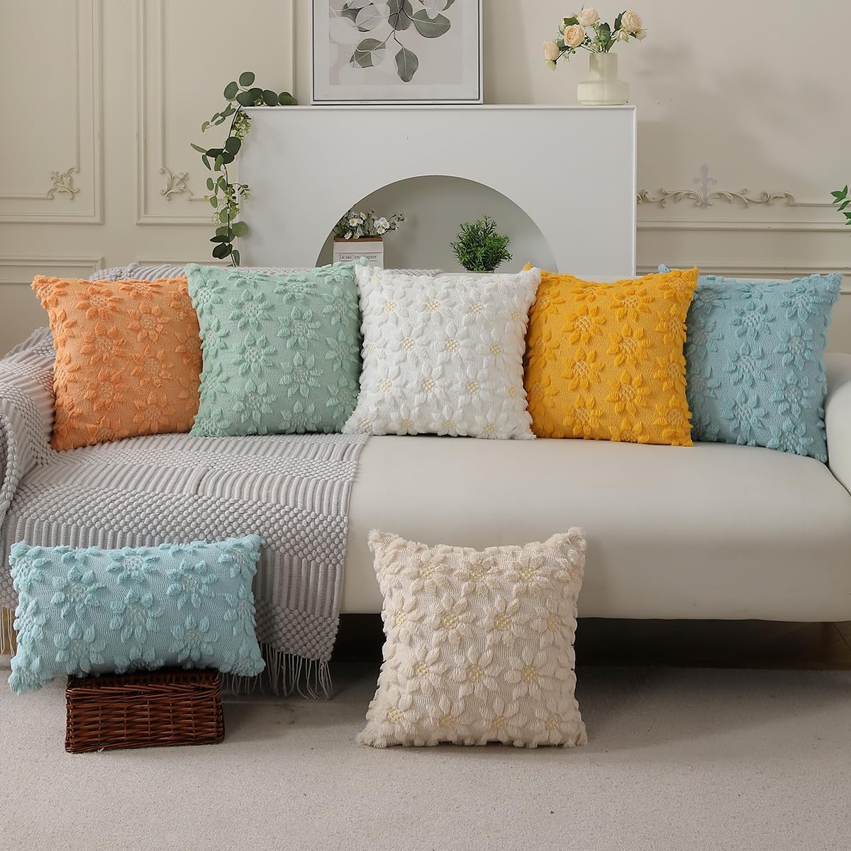 DFXSZ Spring Summer Pillow Covers 12x20 inch Set of 2 Farmhouse Decor White Flower Heart Sunflower Orange Soft Plush Faux Fur Jacquard Throw Pillows for Sofa Holiday Spring Home Decor PTK024H12