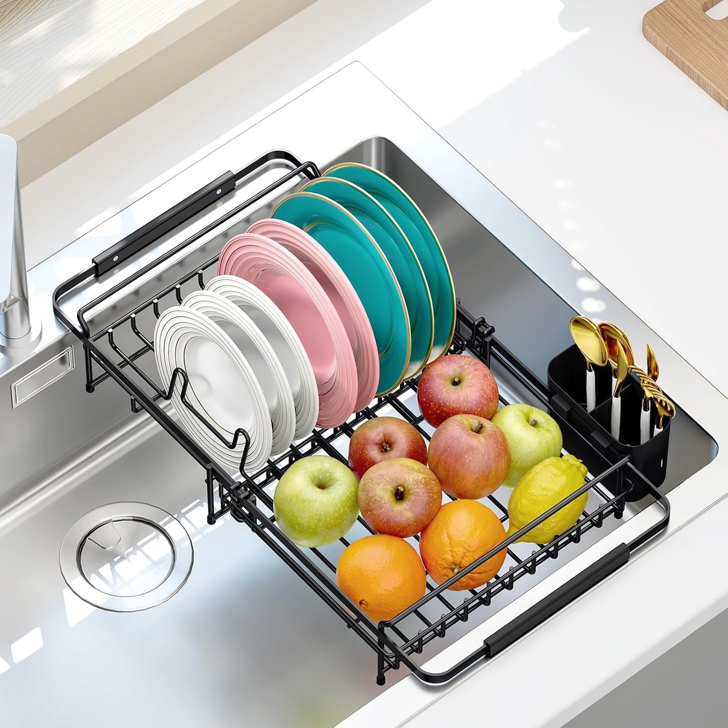 Urackify Expandable Stainless Steel in Sink Dish Drying Rack - Adjustable Dish Rack Over Sink, Rustproof Dish Drainer for Kitchen Counter, Dish Strainer with Utensil Holder, Fit Sink for 13"-18"