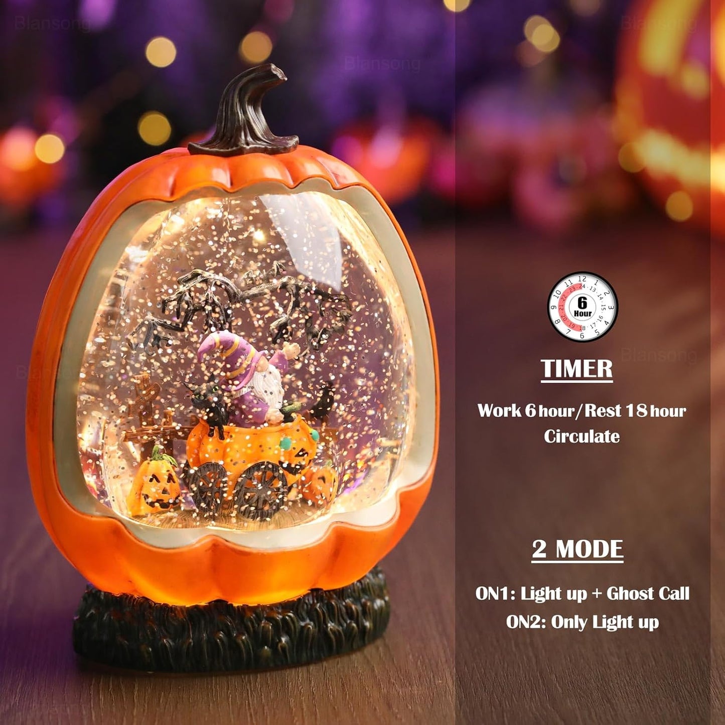 Halloween Snow Globe Pumpkin Halloween Decorations Indoor Gnome Black Cat Bat Swirling Glitter Timer