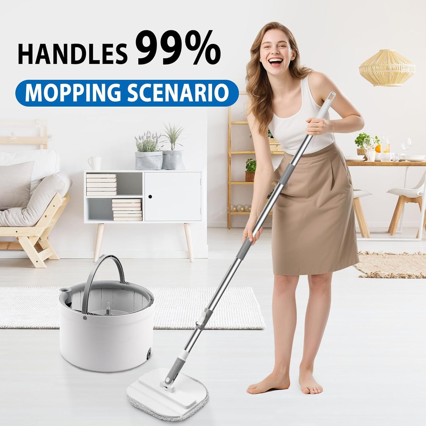 Spin Mop and Bucket with Wringer Set, 360° Spinning Mop Bucket with Separate Dirty and Clean Water System with 3 Microfiber Mop Pads and 52" Stainless Steel Adjustable Handle for Floor Wall Cleaning