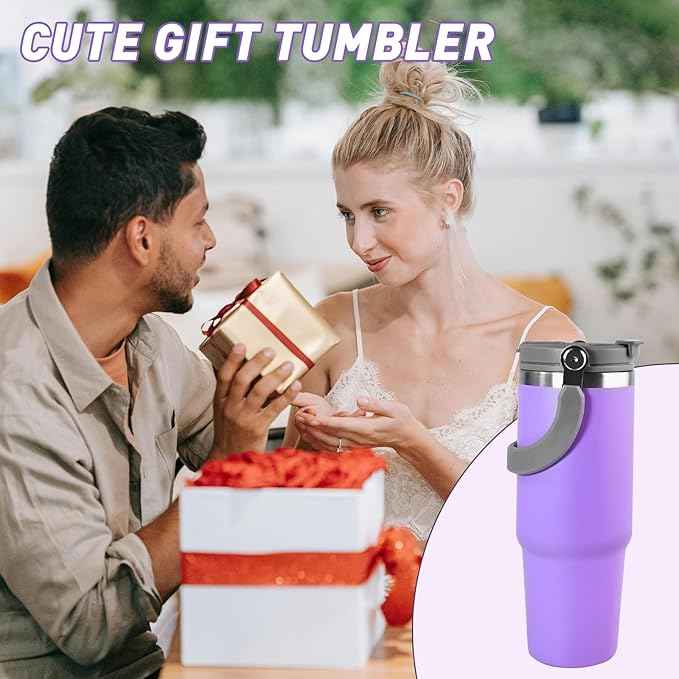30 oz Tumbler with Handle and Straw Lid, Double Walled Vacuum Insulated Water Bottle Leakproof Tumbler Travel Coffee Mug Thermal Cup, Cupholder Friendly for Office, Home, Sport, Purple