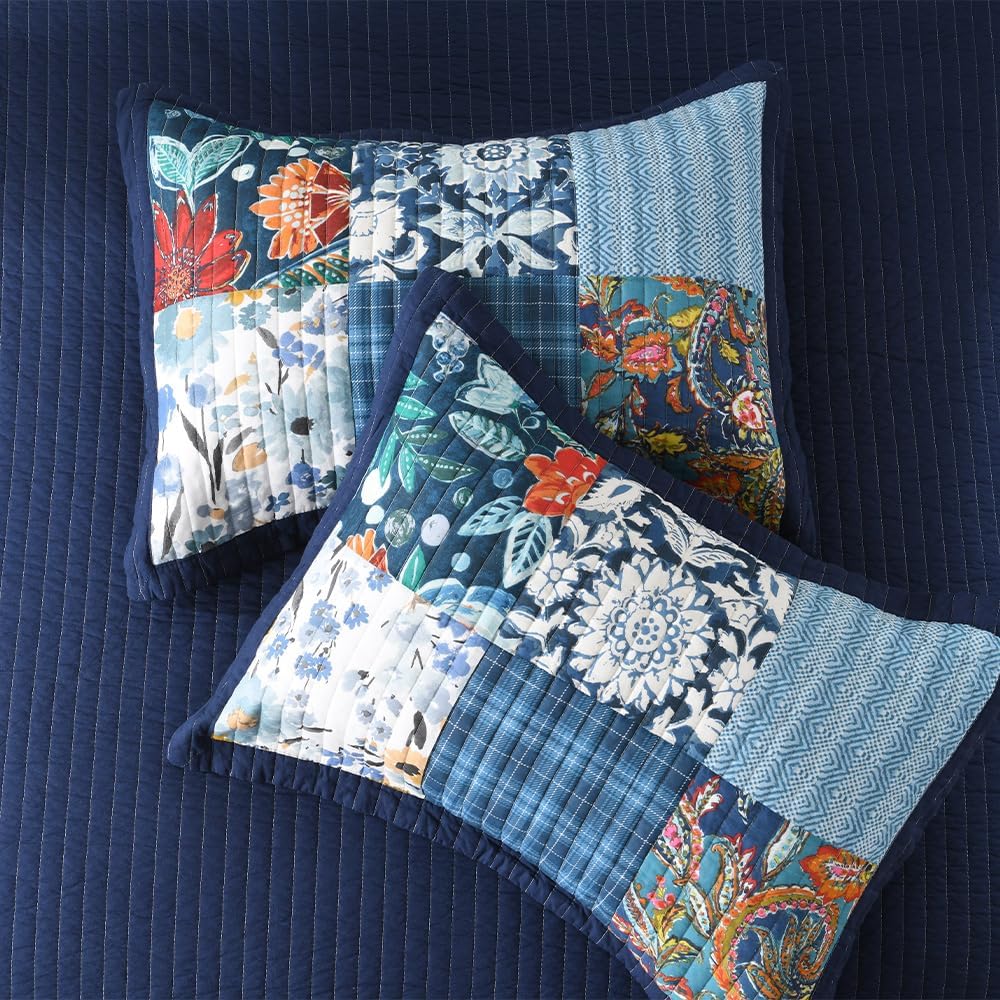 Autumn Dream Cotton Bedspread Quilt Sets Reversible Bedding Coverlet Sets, Luxury Vintage Paisley Floral Patchwork Blue Bedspread, King Size