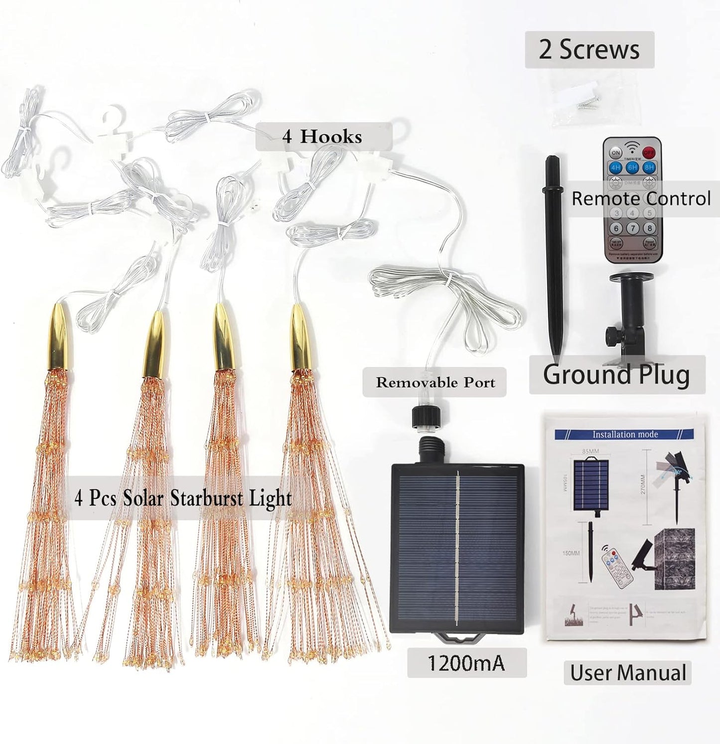 4 Pcs 800LED Solar Starburst Sphere Lights,Firework Light Remote Control Timer 8 Modes Dimmable Waterproof Hanging Fairy Lights, Sparkly Light for Patio Garden Tent Outdoor(Warm White)