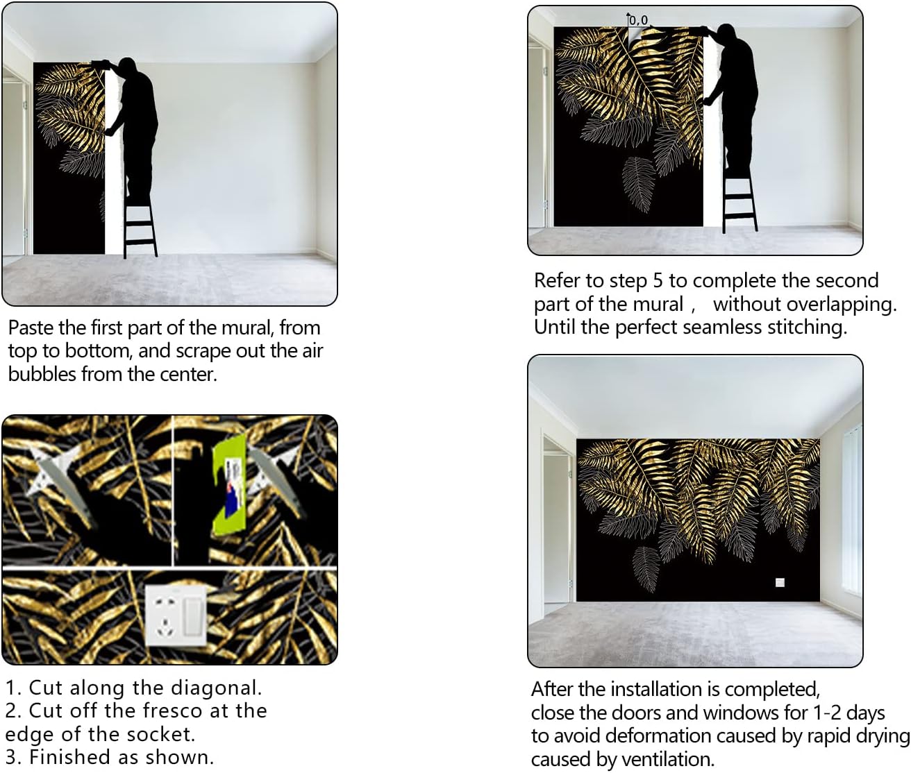 Black and Gold Leaf Mural Bedroom Tropical Botanical Wallpaper Room Plant Decor Living Room tv Background Large Wall Mural - 91"x65" (Not Peel and Stick)