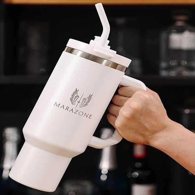 MARAZONE 40oz Stainless Steel Travel Tumbler Cup with Handle, Three-Position Lid, Straw with Silicone Tip, Vacuum Insulated Water Bottle for Hot & Cold Drinks, Great Gifts for Mom, White Dove