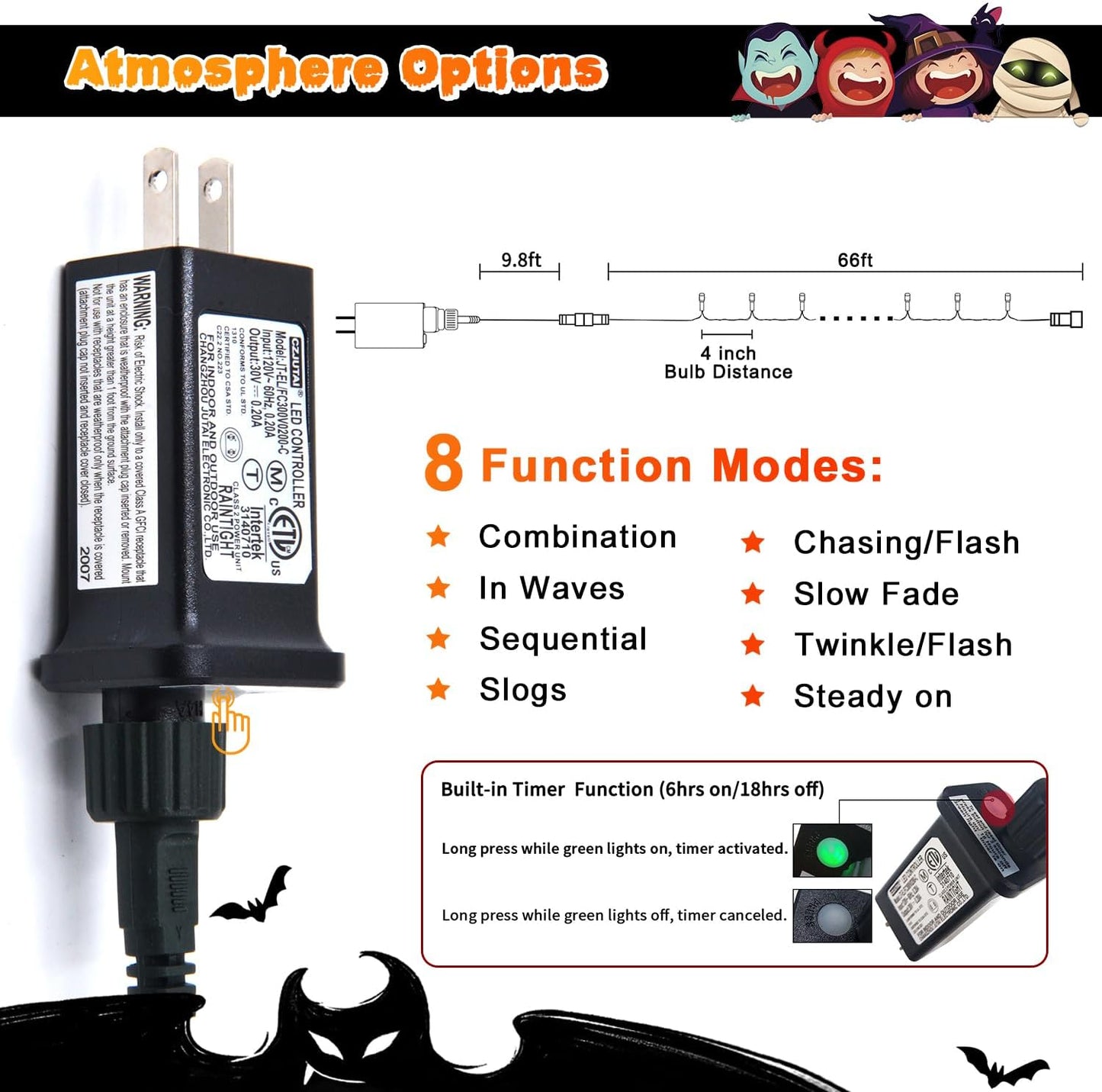 JMEXSUSS 200 LED Orange Halloween Lights Outdoor, 66ft Connectable Halloween String Lights Plug in, 8 Modes Orange Light for Tree Outside Indoor Xmas Party Garden Fence Patio Porch Decor