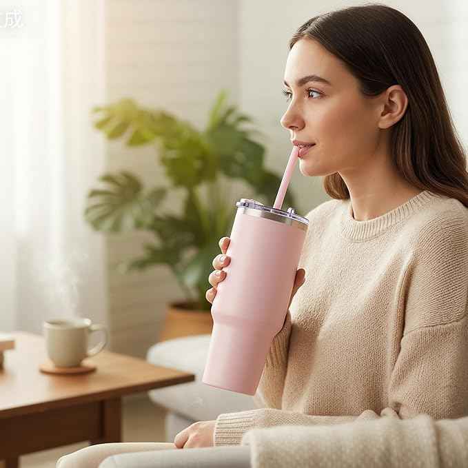 COKTIK 40 oz Tumbler With Handle and Straw, Insulated Tumbler With Leakproof Lids, Stainless Steel|BPA-Free, Cold for 24 H (Blush)