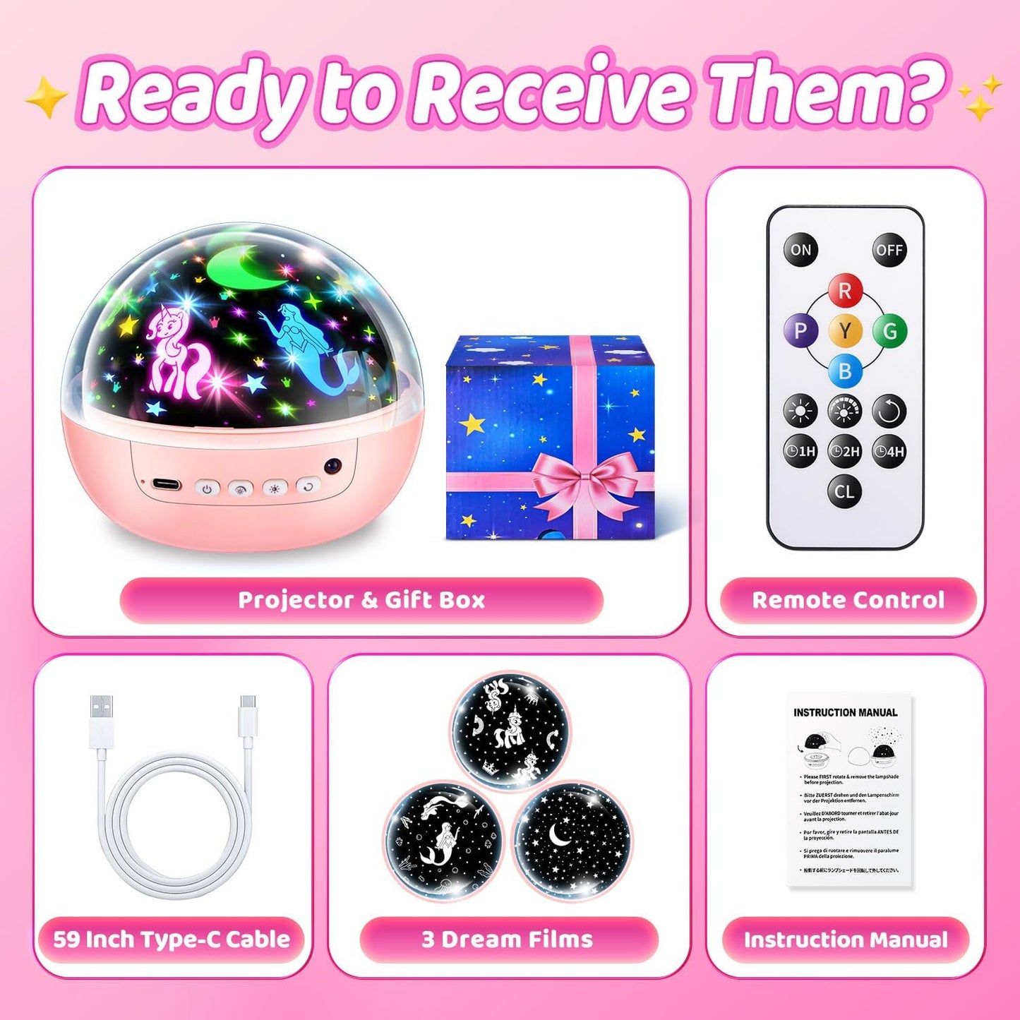 Girl Gifts & Toys, 【3 Film & 93 Colors】Kids Night Light Projector, Unicorn Toys+Princess Toys+Mermaid Toy+Night Light for Kids, 4 Year Old Girl Birthday Gifts, Juguetes para Niñas, Muñecas para Niñas