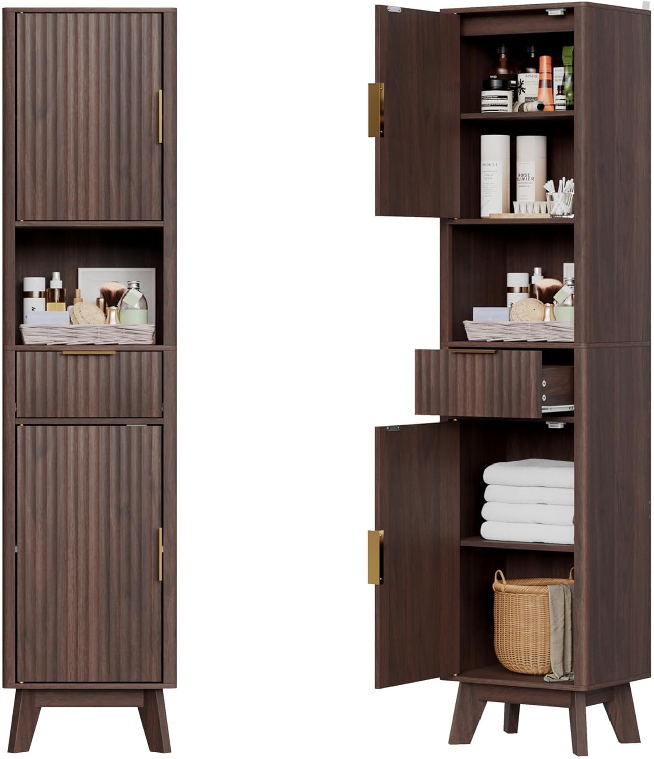 67" Tall Bathroom Storage Cabinet with Fluted Doors, Narrow Metal Cabinet with Fluted Doors and Drawer, Thin Cabinet with Open Countertop for for Bathroom, Living Room, Kitchen, Dining Room, Walnut