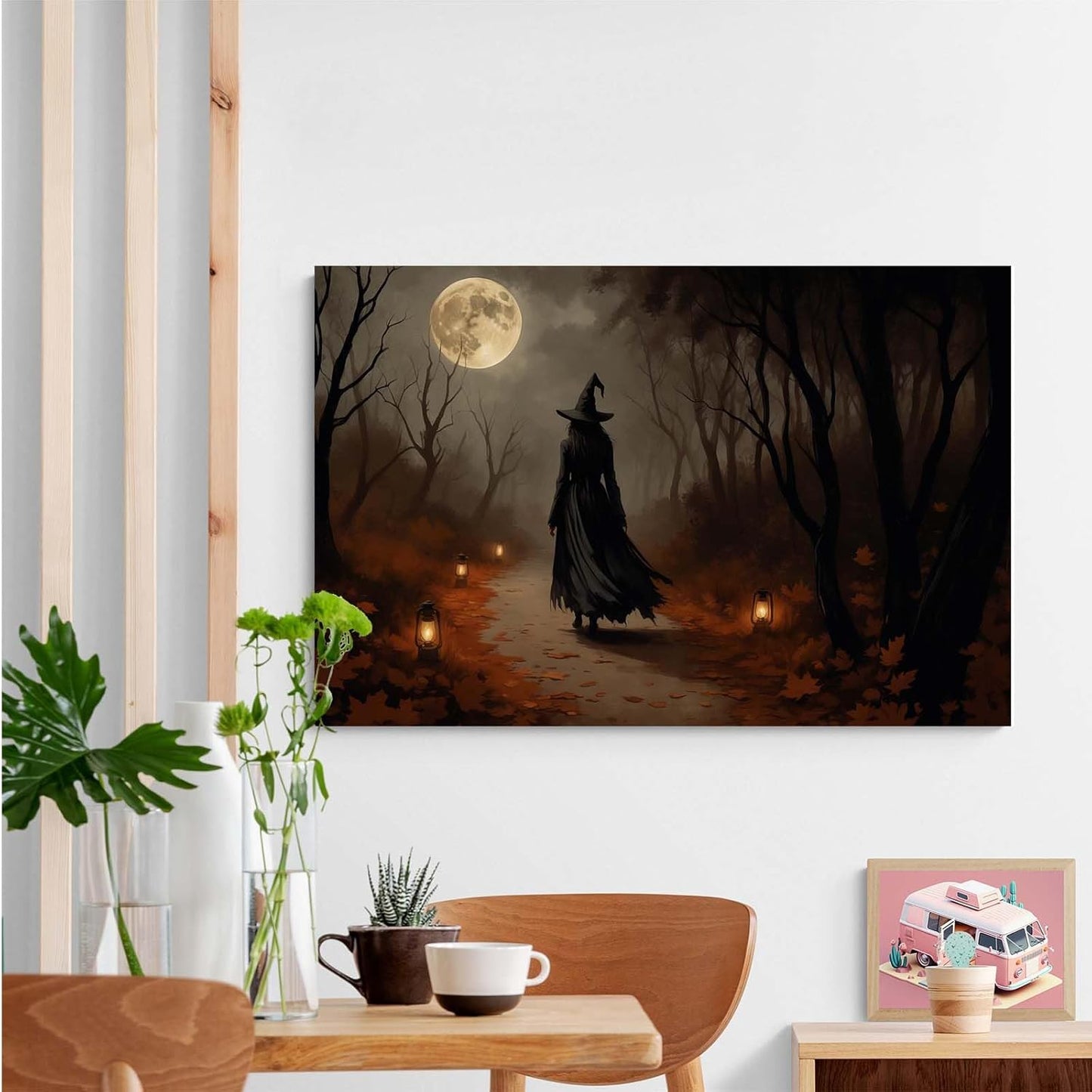 Moonlight witch poster dim lantern Halloween decoration Gothic style dark retro college style canvas wall art suitable for living room bedroom8x12in Wood Framed