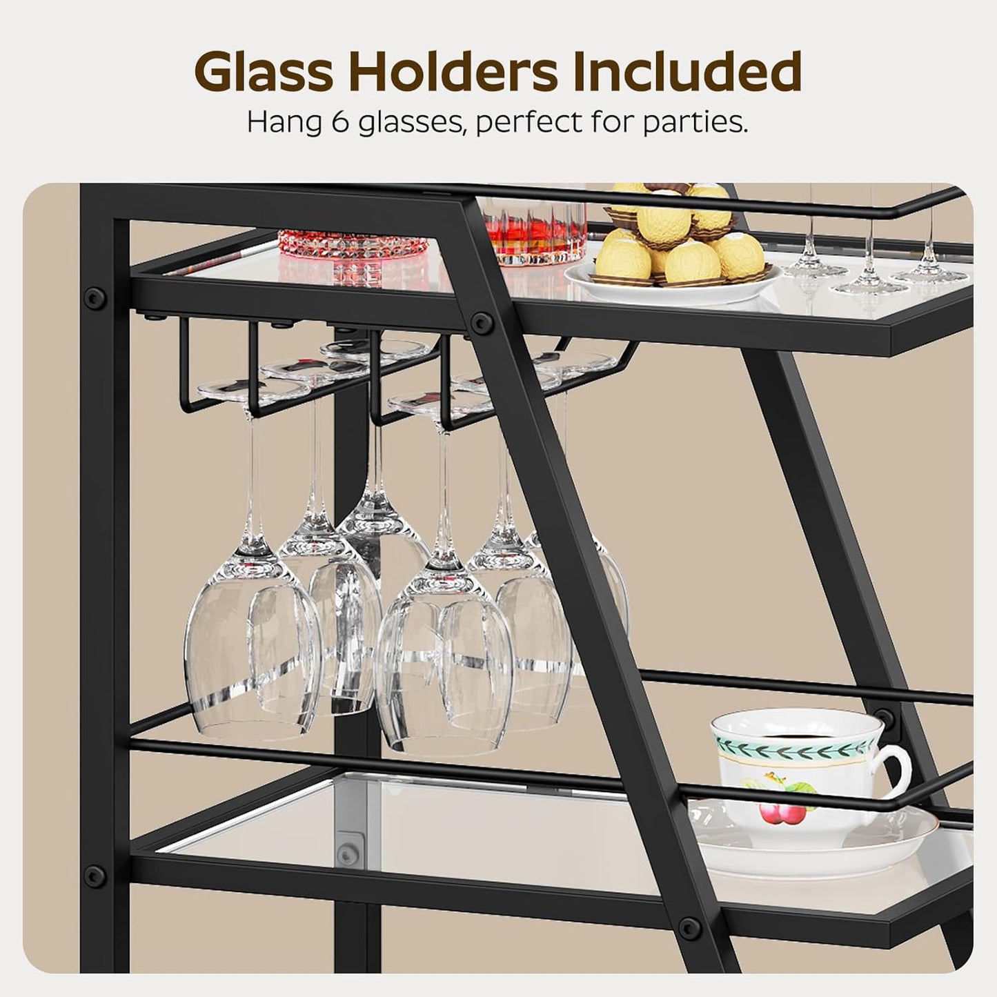 Bar Cart, 3-Tier Bar Cart for The Home, Home Bar Serving Cart with Glass Holders, Beverage Cart for Kitchen, Dining, Party Room, Black BC03BK