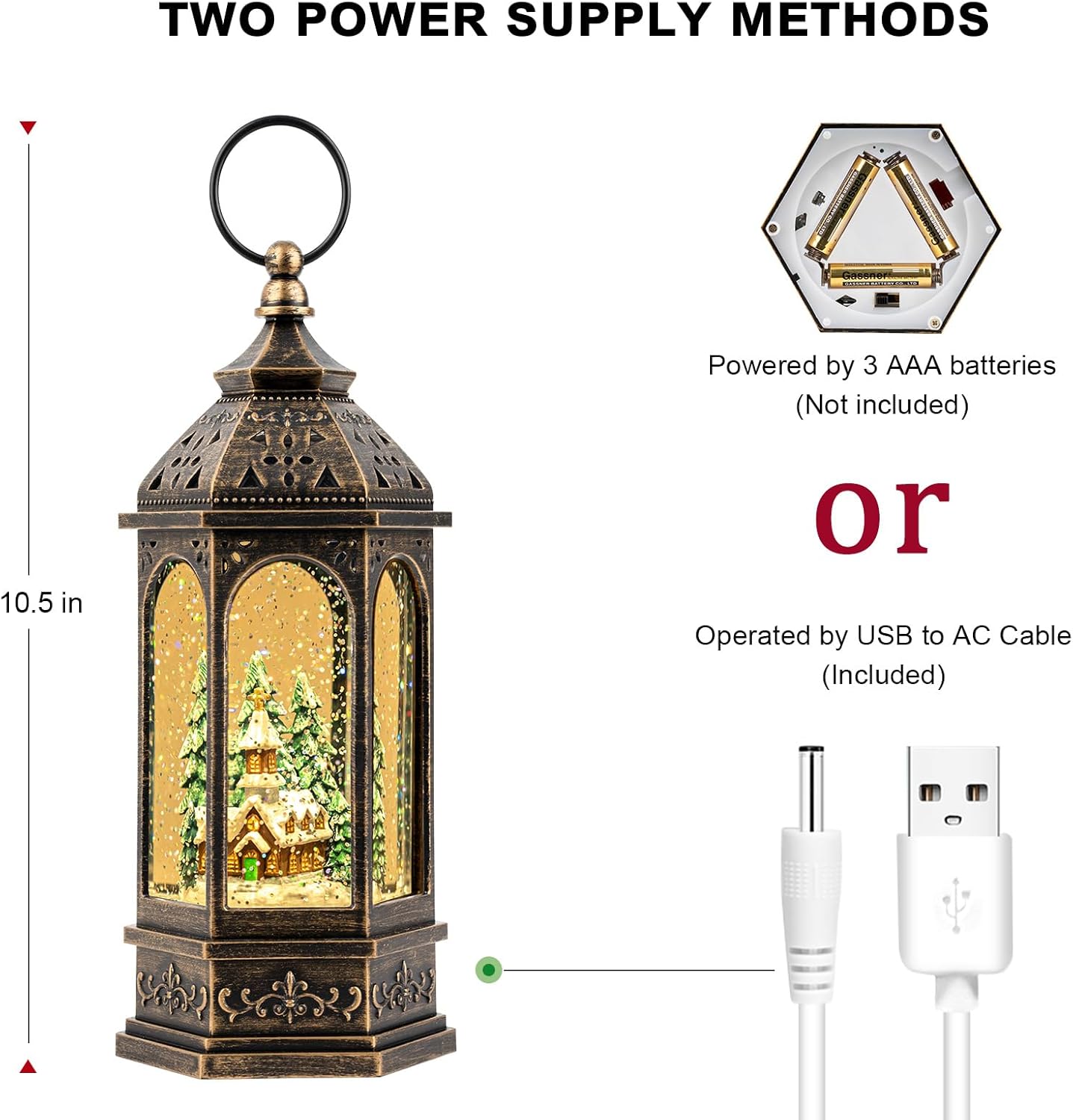 Christmas Snow Globe Lantern Lighted Church Musical Snow Water Lantern Swirling Glittering Home Decoration and Gift, Battery Operated or USB Powered