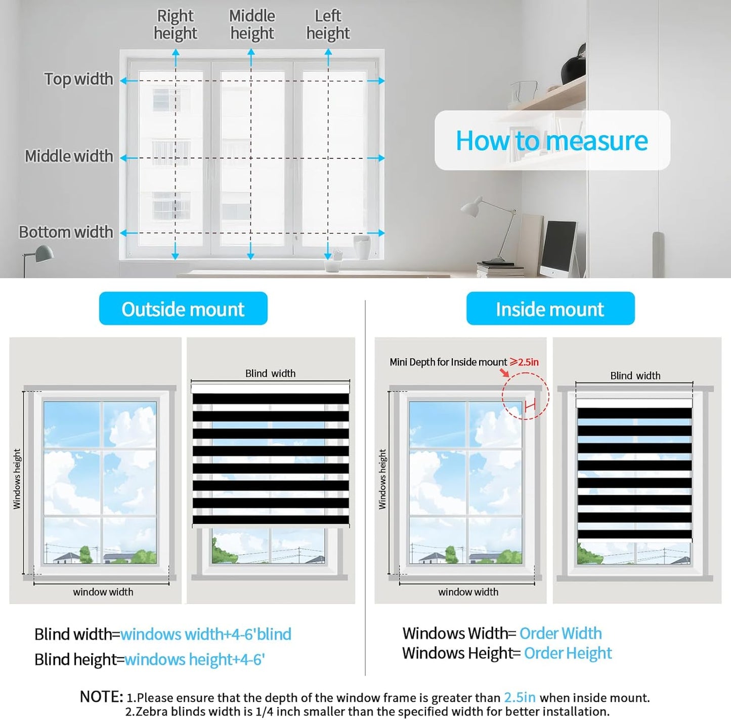 Cordless Zebra Blinds for Windows (22" W X 72" H, Black) Free-Stop Zebra Roller Shades Dual Layer Light Filtering Privacy for Day and Night, Light Control for Home, Bedroom, Office