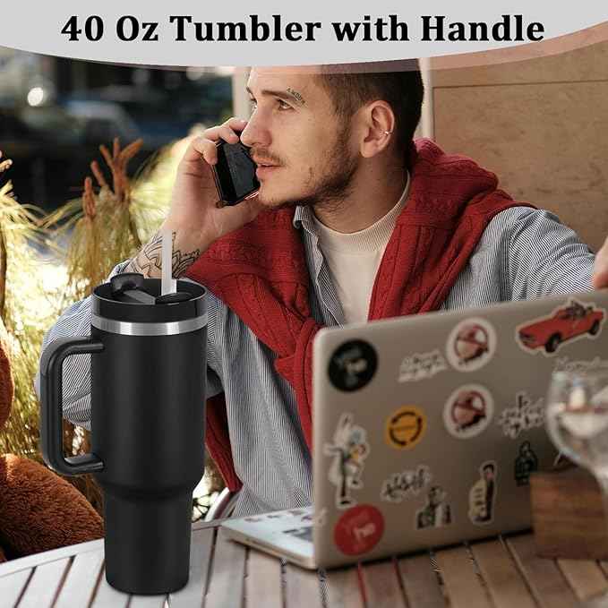 40 Oz Tumbler with Handle, Double Wall Vacuum Insulated Stainless Steel Tumbler with Lid and Straw, 40 oz cup with Silicone Spill Proof Stopper Set (Black-1)