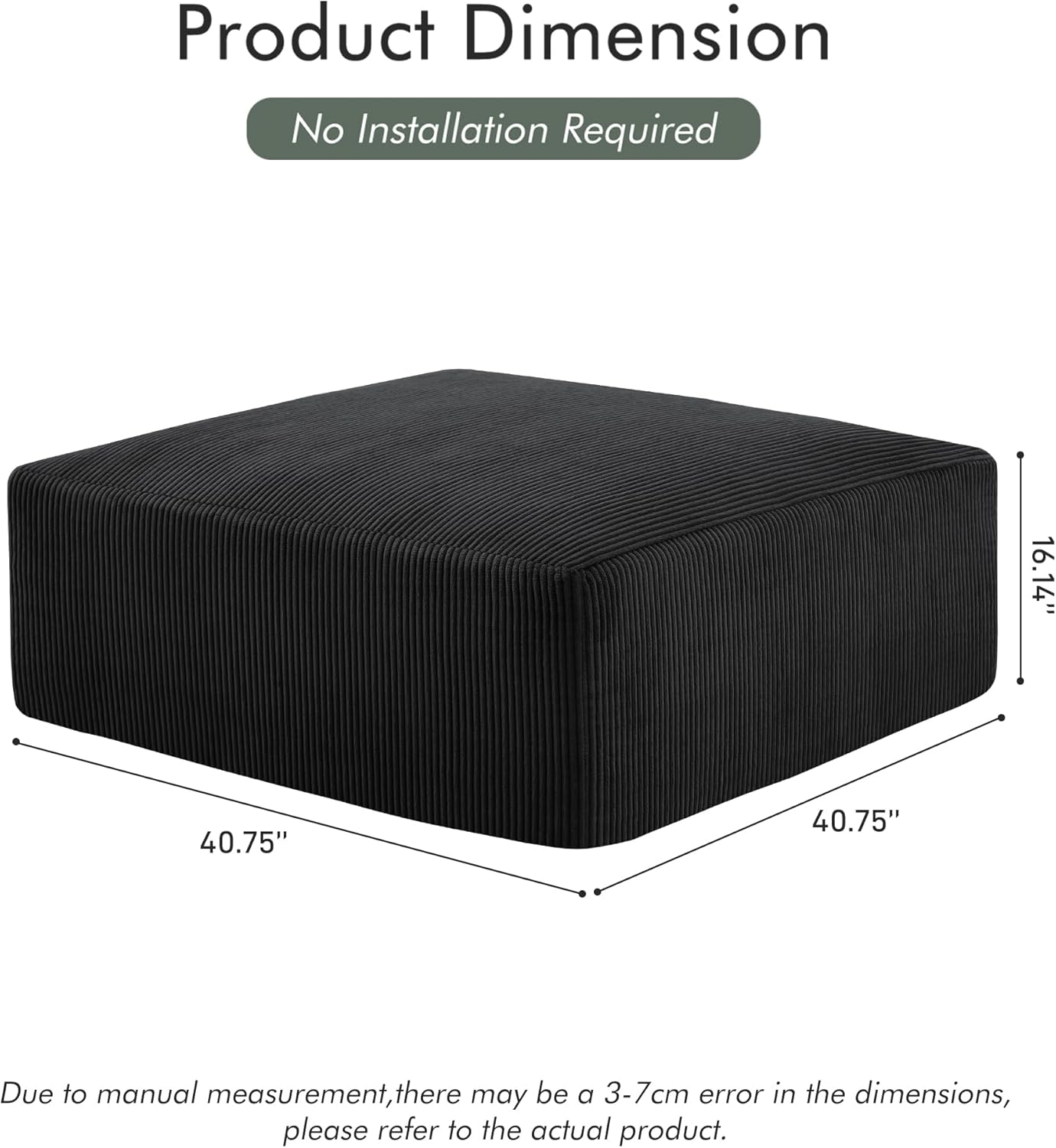 40" Square Stuffed Ottoman Pouf for Sofa Couch, Corduroy Poufs with Foam Chunk Filling, Furry & Fluffy Foot Stool Movable Ottoman. 40 * 40 Floor Poufs Foot Rest for Living Room, Black
