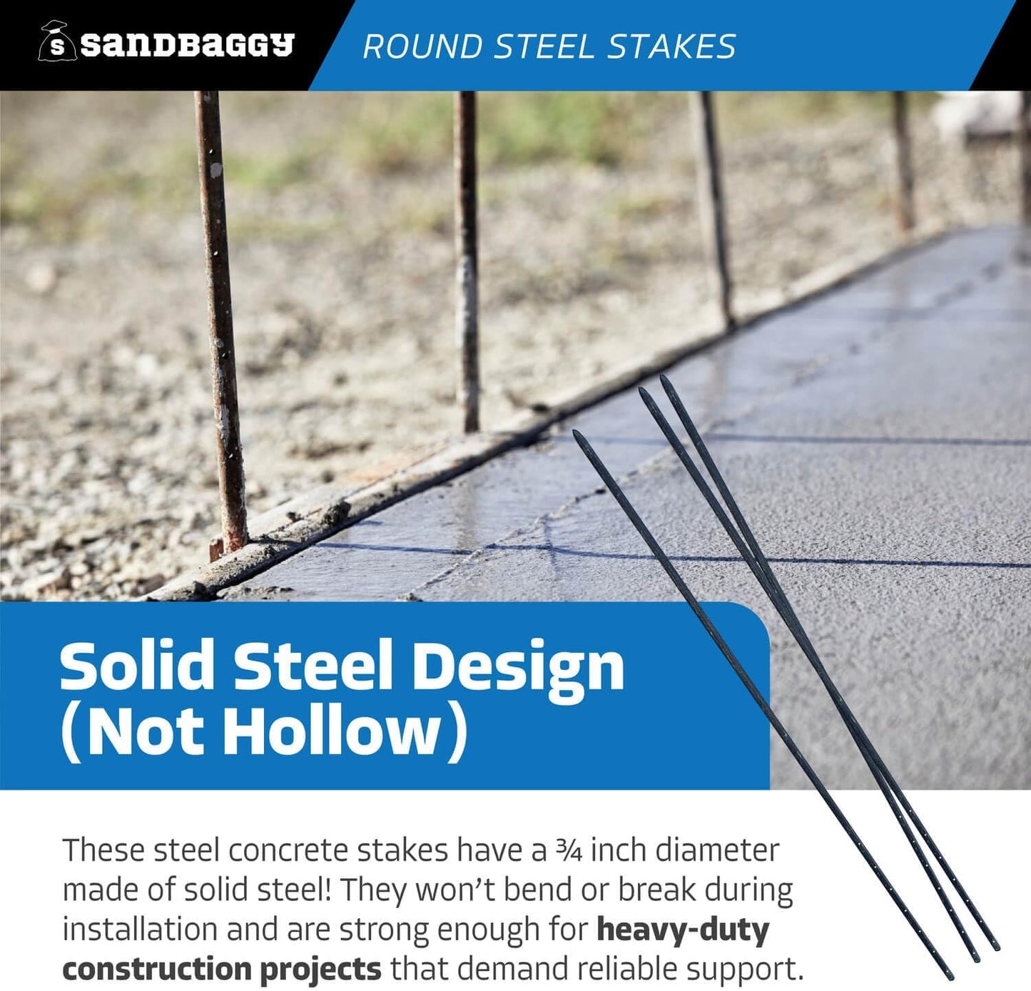 Sandbaggy Round Steel Concrete Form Stakes with Nail Holes - Rust Resistant Coating - Removable, Reusable (10, 3/4 in X 60 in)