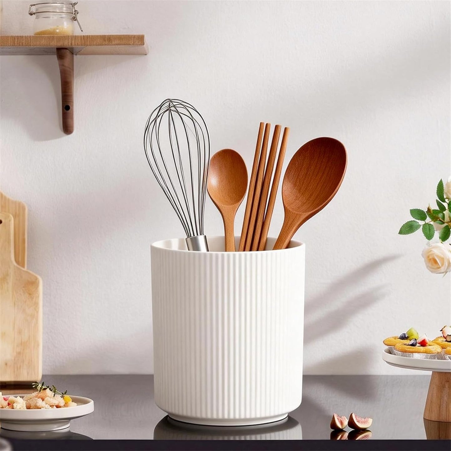 360° Rotating Utensil Holder for Kitchen Countertop, 7.76" Kitchen Utensil Holder, Rotating Utensil Crock, Extra Large Ceramic Utensil Holder for Kitchen (White)