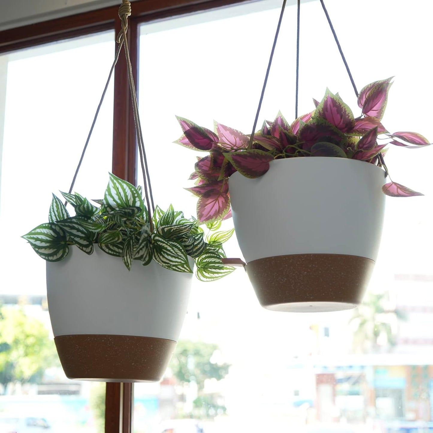 8 inch Hanging Planters, 2 Pack Self Watering Hanging Pots with 20oZ Deep Reservoir for Indoor Outdoor Plants Flowers, White with Brown