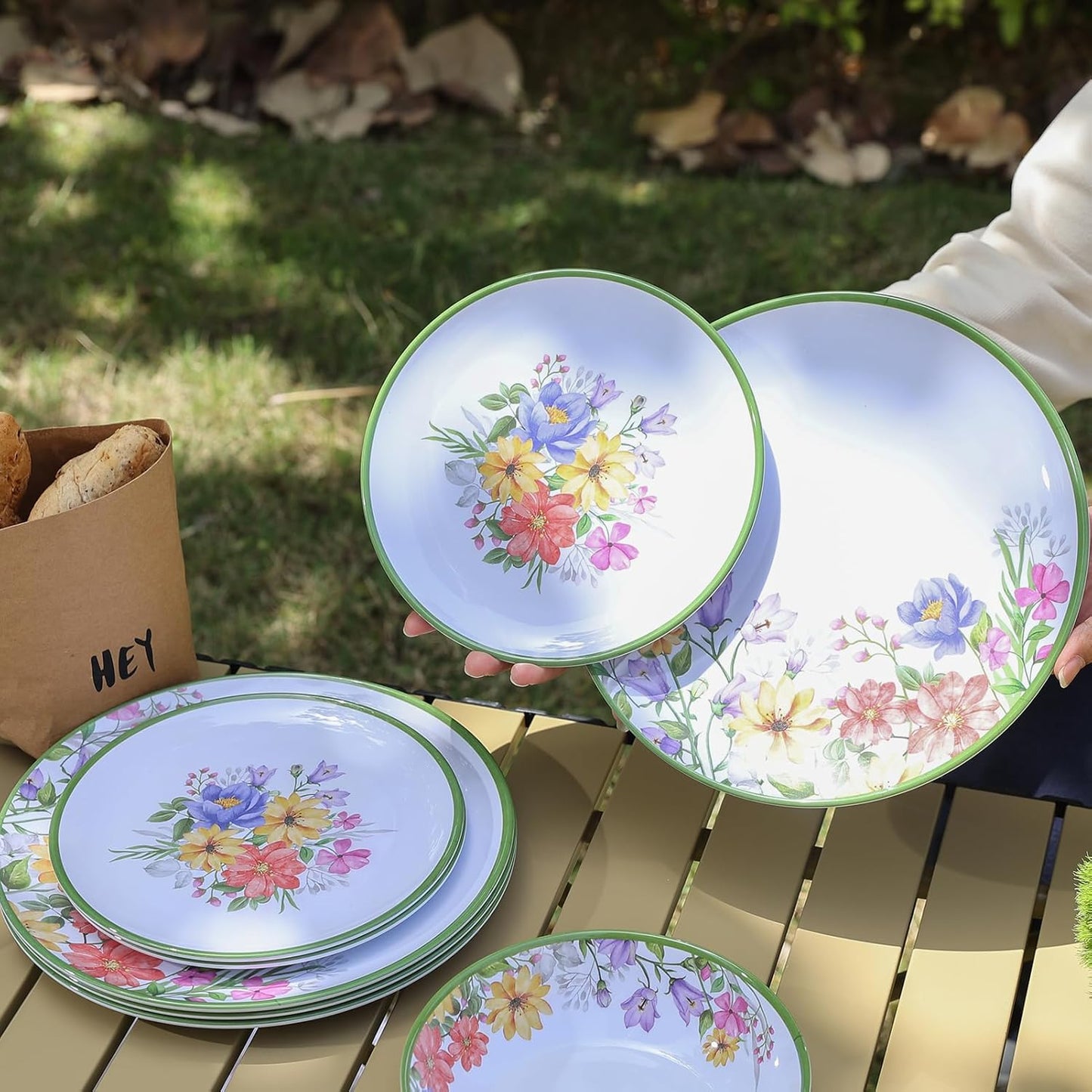 12 Piece Floral Melamine Dinnerware Sets, Green Camping Dishes Set, Spring Lightweight Plates and Bowls Sets, Service for 4, Unbreakable Dishwasher Safe Dish Set for Indoor & Outdoor Use