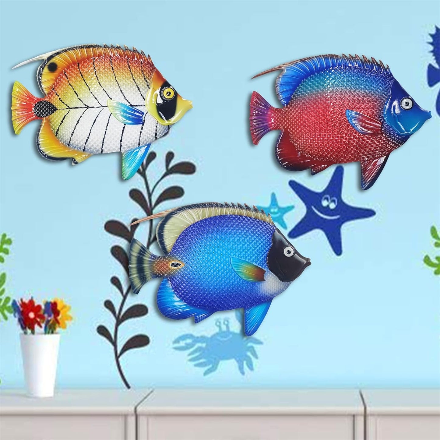 John's Studio Metal Fish Sea Wall Decor Outdoor Garden Hanging Art Sculptures Home Ocean Theme Decorations for Kitchen Bathroom and Pool - 3 PCS