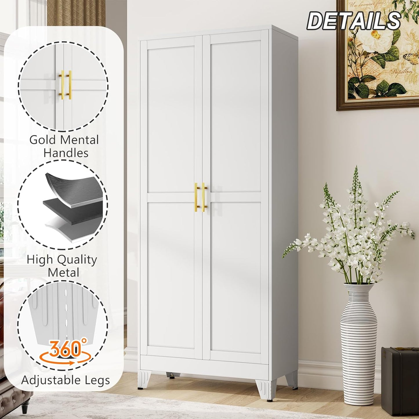 Metal Pantry Cabinet with 2 Doors and Adjustable Shelves - 71" Kitchen Storage Cabinet with Gold Handles - Versatile Storage for Kitchen, Bathroom, Dining Room, Utility Room - White