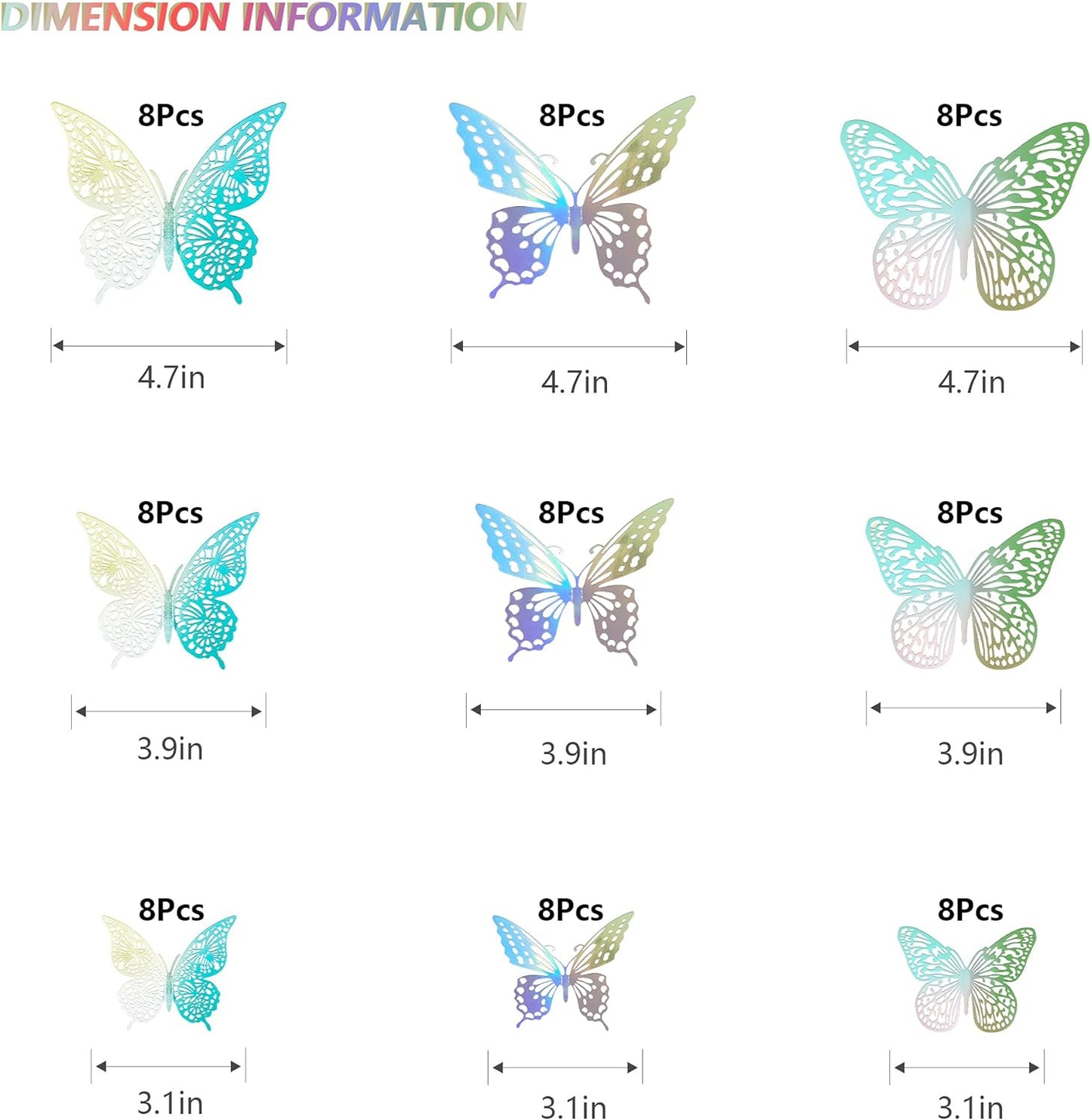 SAOROPEB 3D Butterfly Wall Decor, 72 Pcs 3 Styles 3 Sizes, Removable Metallic Wall Sticker Room Mural Decals for Kids Bedroom Nursery Classroom Party Decoration Wedding Decor DIY Gift (Laser)