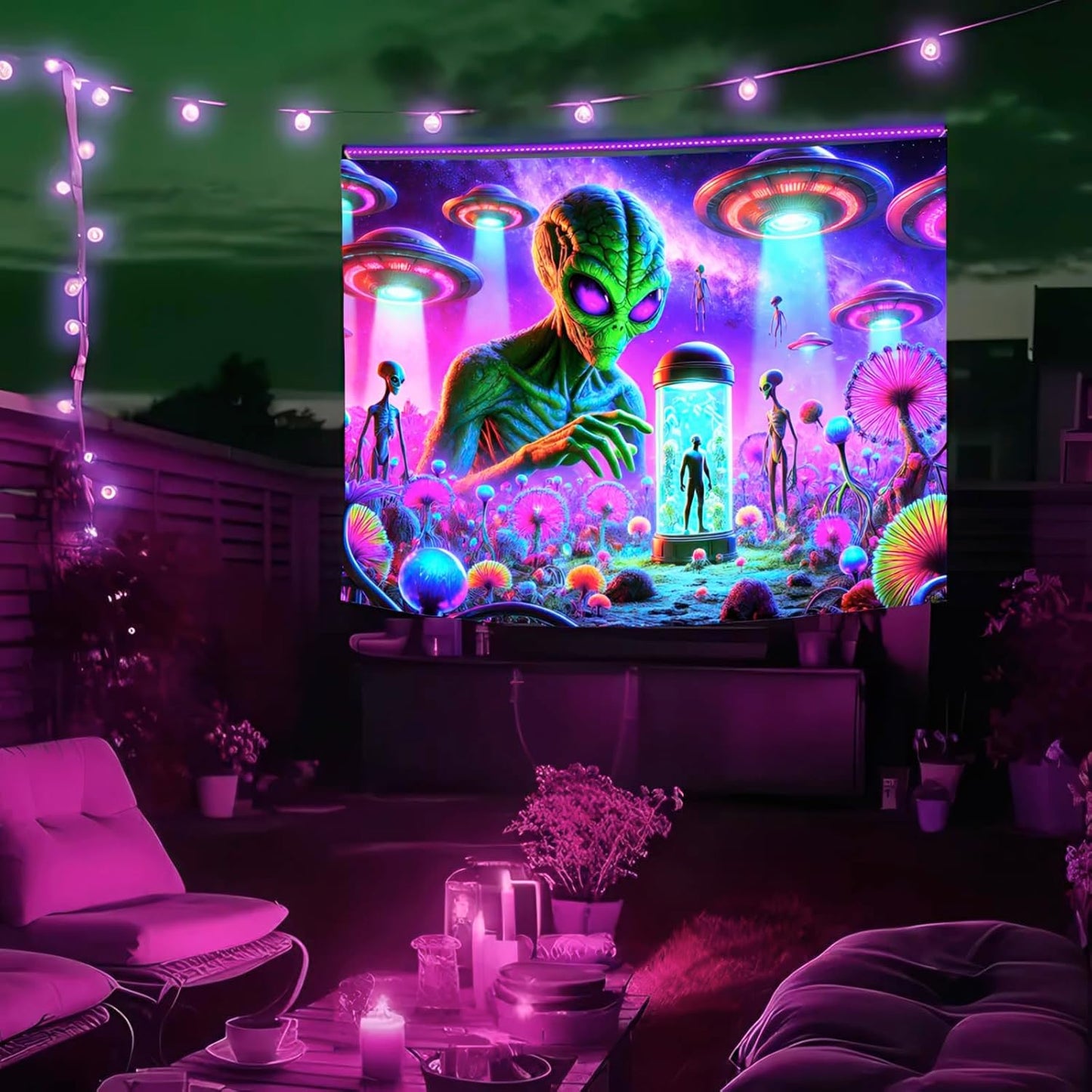 BlissYard Neon Alien UFO Black Light Tapestry Cosmic Sci Fi Mushroom Planet UV Reactive Psychedelic Space Blacklight Tapestry Wall Hanging for Bedroom Living Room Dorm Game Room Party Decor 78x59 Inch