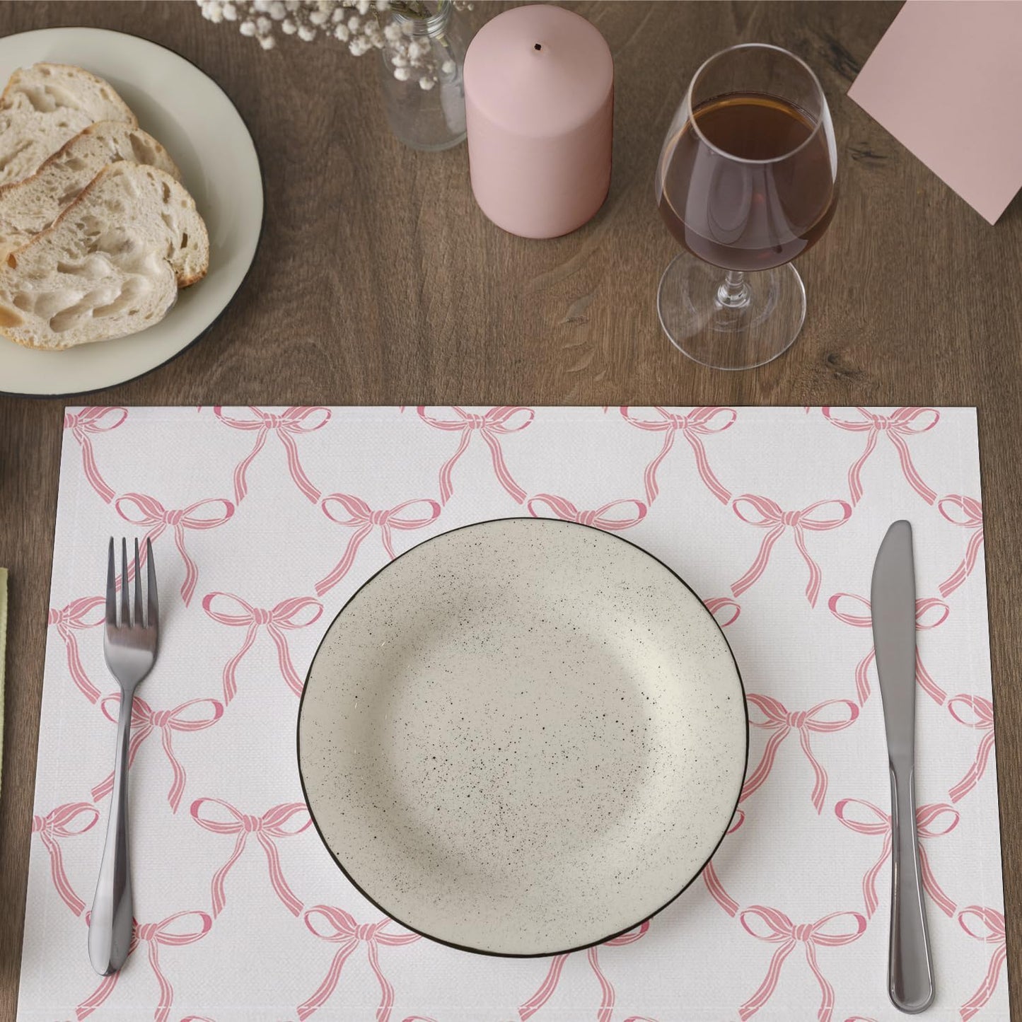 Placemats Set of 4, Pink Bow Table Mat for Home Kitchen, Restaurants, Outdoor Linen Washable Place Mats 12x18 inch Party Event Dining Decoration-06