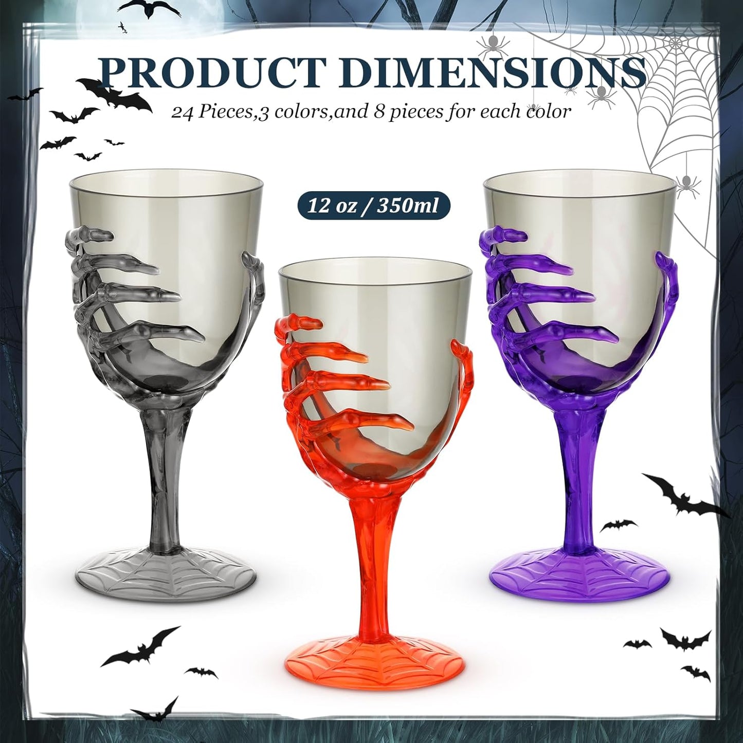 Dandat 24 Pcs Halloween Skeleton Hand Goblets 12oz Clear Plastic Halloween Cups Skull Wine Glass Set for Creepy Spooky Party Decorations(Black, Purple, Orange, Gray)