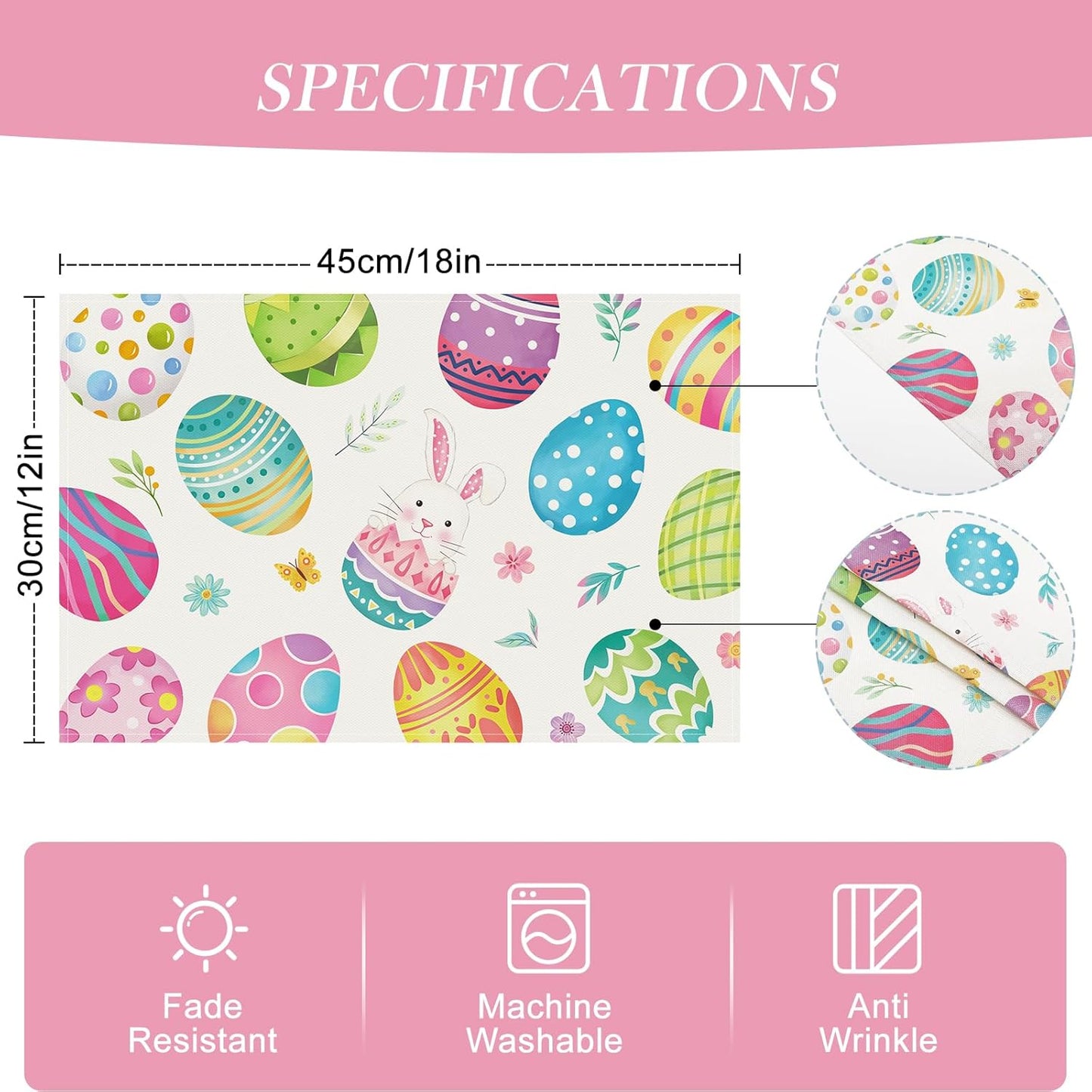 Bonhause Easter Eggs Placemats Set of 4, 12x18 Inch Spring Bunny Floral Seasonal Kitchen Dining Table Mats Washable Place Mats for Indoor Outdoor Home Party Easter Decor