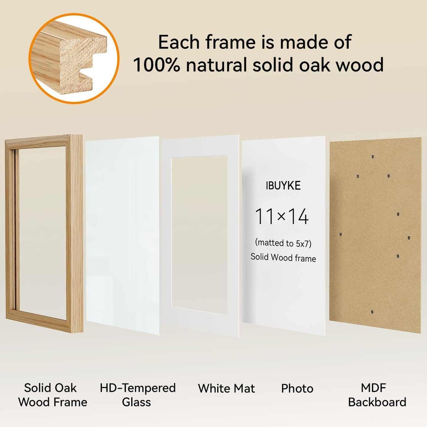 IBUYKE 11 x14 Picture Frame,Set of 3,Solid Oak Wood 11x14 Photo Frame with Mat to 8x10,11x14 Picture Frames With Tempered Glass,Wall Mount Display,Home Decor,Natural Oak 14 x 11 Frame,UWPF1114N-3