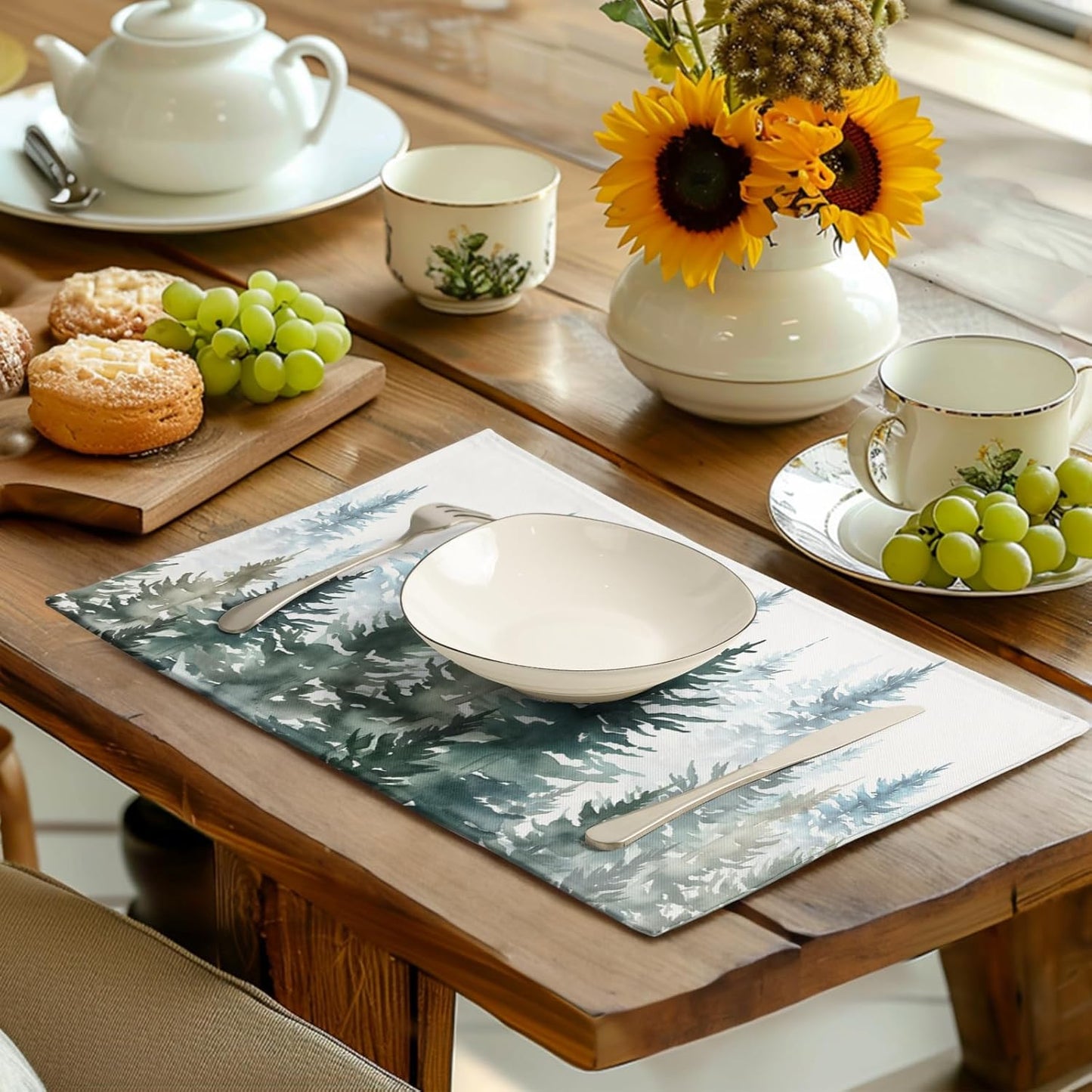 Watercolor Dark Green Tree Table Mats Set of 4 Rustic Nature Forest Pine Tree Placemats Seasonal Winter Holiday Place Mat Farmhouse Washable Linen Placemat for Dining Table Kitchen Christmas Decor