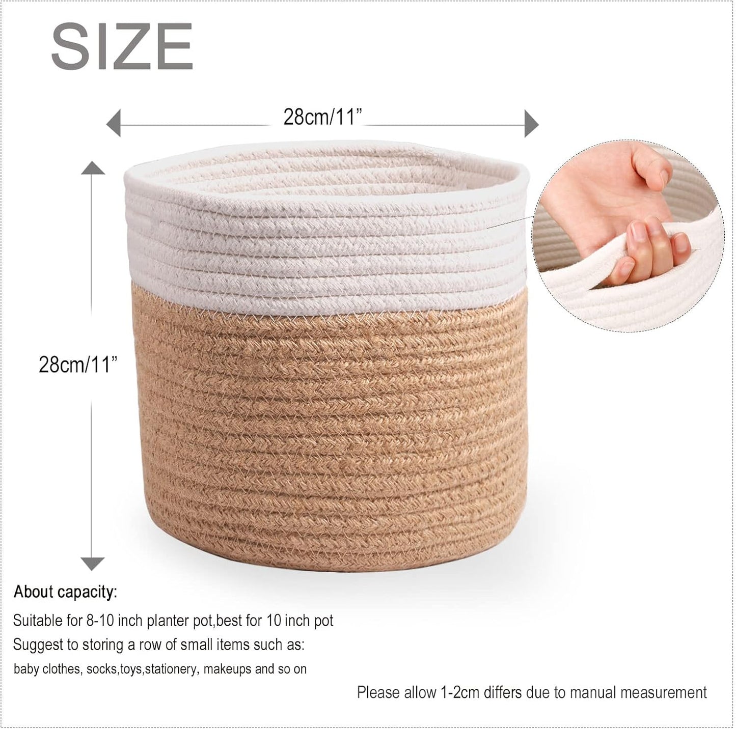 11" Cotton Rope Plant Basket Modern Woven Baskets for 10" Flower Pot Floor Indoor Planters,Storage Organizer Baskets Home Decor,Brown White 11"x 11"