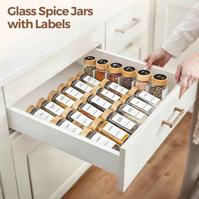 ComSaf Spice Jars with Label 4 oz 24Pcs, Glass Spice Jars with 6 Extra Shaker Inserts and 93 Labels, Seasoning Set with Bamboo Lids and Metal Funnel, Square Containers for Organization, Salt, Pepper