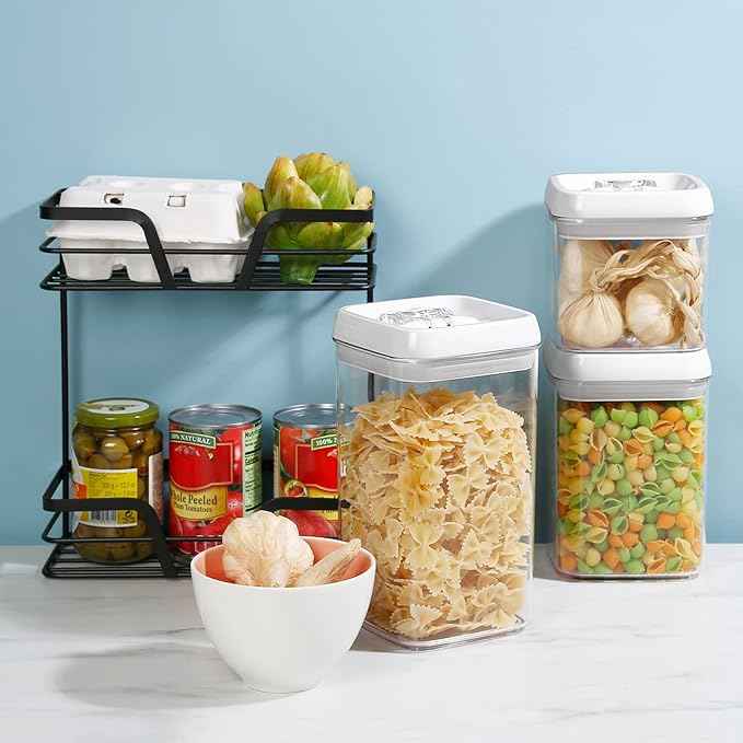 Felli Flip Tite Food Storage Container 5" LARGE 5pk Set + No Residue Label, Airtight Lid Easy Lock Top Stackable, Plastic Canister Jar for Pantry Kitchen Fridge Organizer Pasta Protein Powder Spice