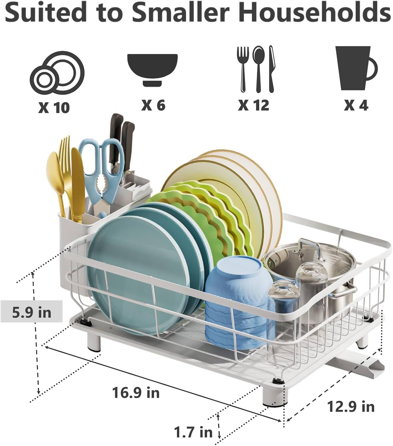 AIDERLY Iron Dish Drying Rack Auto Drain Dish Drainers Kitchen Counter Strainer with Draining Tray, All White