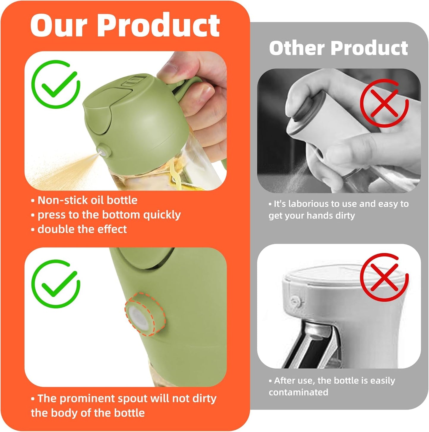 TrendPlain 16oz/470ml Glass Olive Oil Sprayer for Cooking – 2 in 1 Olive Oil Dispenser Bottle for Kitchen Gadgets and Air Fryer Accessories, Salad, BBQ - Black & Green