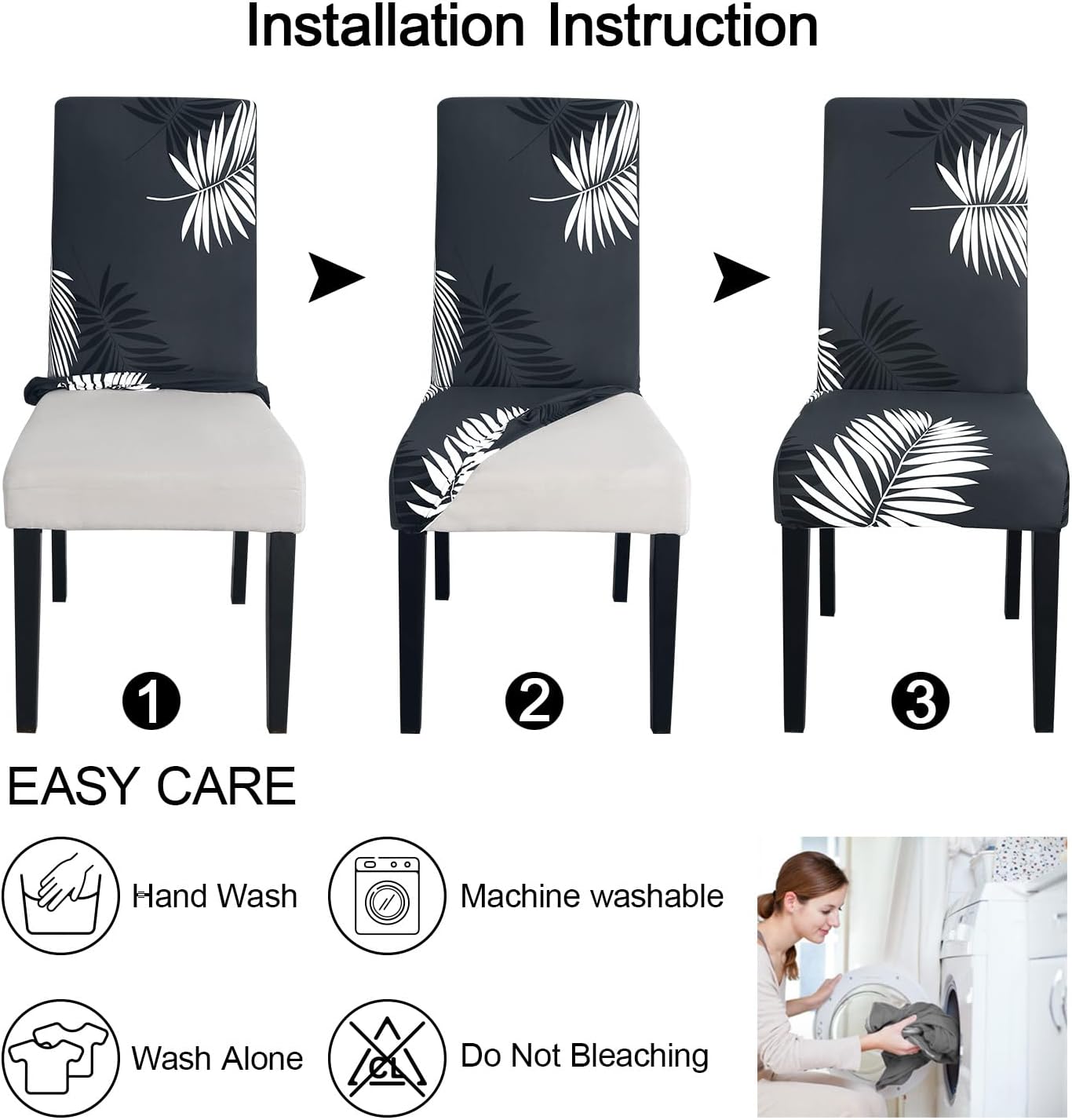 JQinHome Pattern Chair Covers for Dining Room Set of 4, High Stretch Removable Washable Parsons Chair Slipcover for Home Party Hotel Wedding Ceremony (Plume Black,4PCS)
