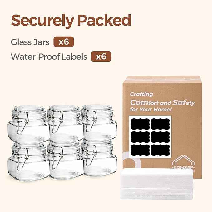 ComSaf Set of 6 Square Glass Jars with Airtight Wire Clamp Lids (17 Oz), Wide Mouth Pantry Canisters for Overnight Oats, Jam, Pickling, Spice Storage, Gifts