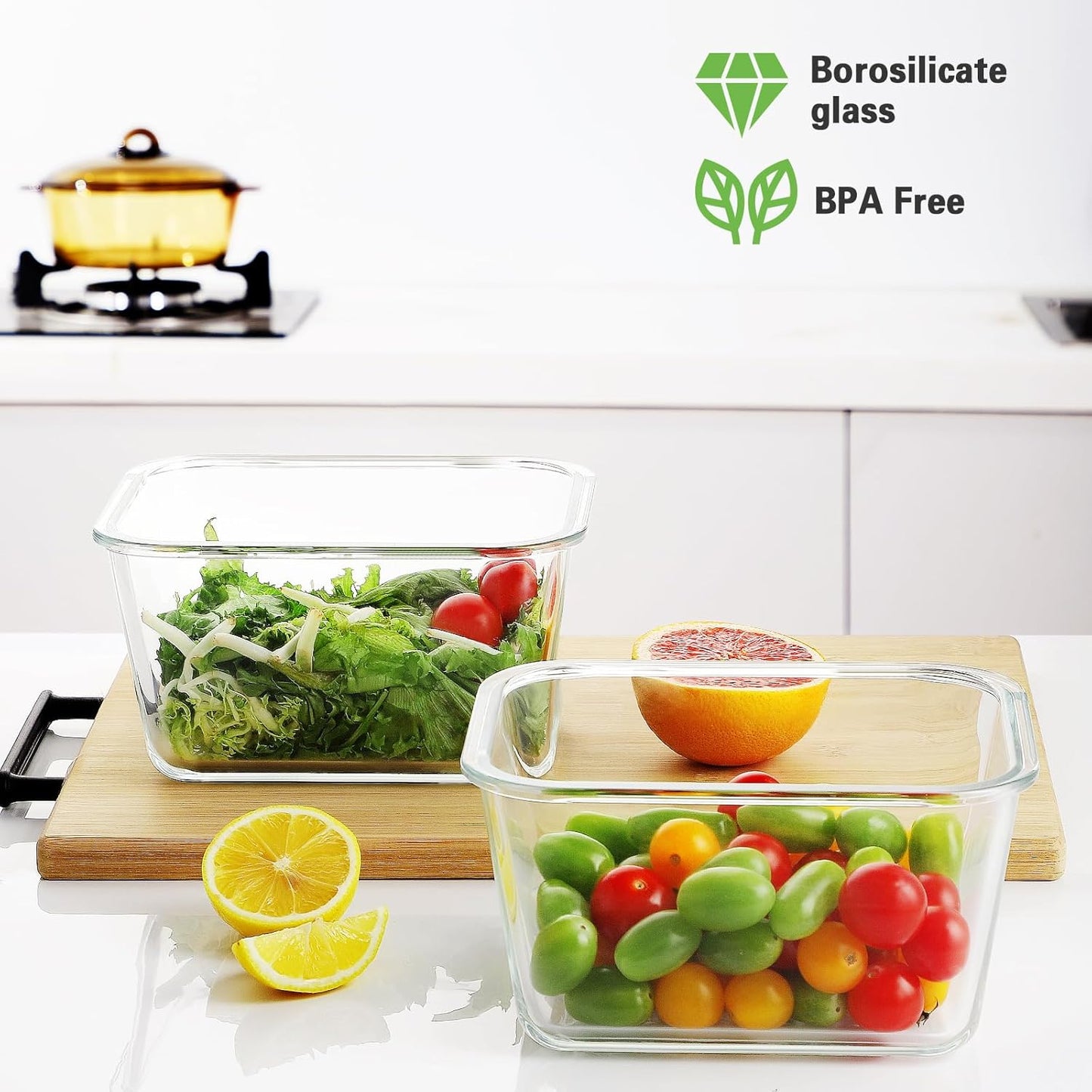 HOMBERKING 4 Pieces 63oz/8cup Large Glass Food Storage Containers with Lids, Meal Prep Containers, Airtight Bento Boxes with Leak Proof Locking (2 Containers + 2 Lids) - Microwave, Oven Safe