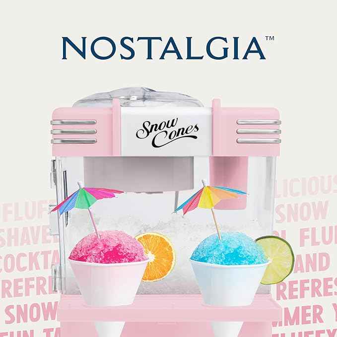 Nostalgia Retro Snow Cone Maker – Countertop 5-qt Shaved Ice Machine – Stainless Steel Blades – Includes 2 Reusable Cups, Ice Scoop, & Sid Shelf – Pink