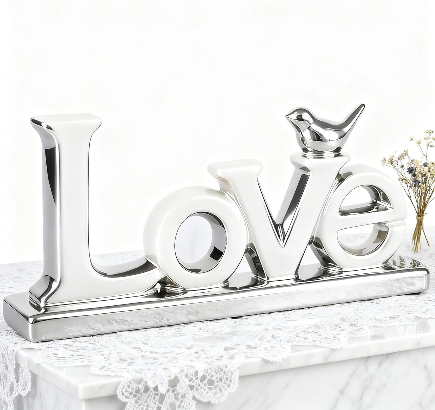 Love Sign Decoration - Silver Love Signs for Home Decor Statue, Modern Bird Sculpture Personalized Love Decor, Silver Style Figurine Decorative Ornaments for Living Room, Bedroom, Desktop