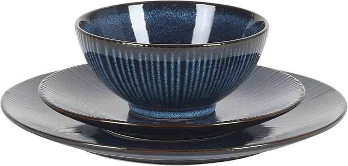 Gibson Elite Midnight Lune Plates and Bowls Sets, 12-Piece Stoneware Dinnerware Sets, Reactive Glaze Dish Set - Blue