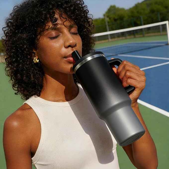 BENZZO 40 oz Insulated Tumblers with Handle - Flip Straw, Leak Proof Water Bottles 40oz Fits in Cup Holder