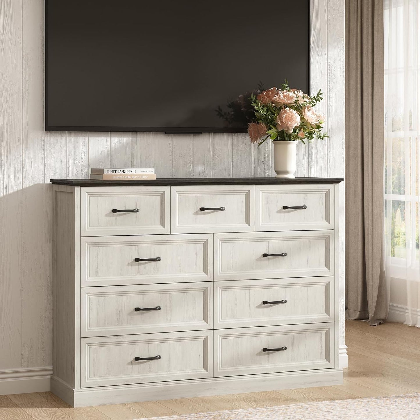 Farmhouse 9 Drawer Dresser for Bedroom, 55 Inch Wide Modern White Dresser TV Stand with Large Drawers & Bar Handles, Rustic Wood Chest of Drawers for Bedroom, Living Room, Hallway, Entryway.